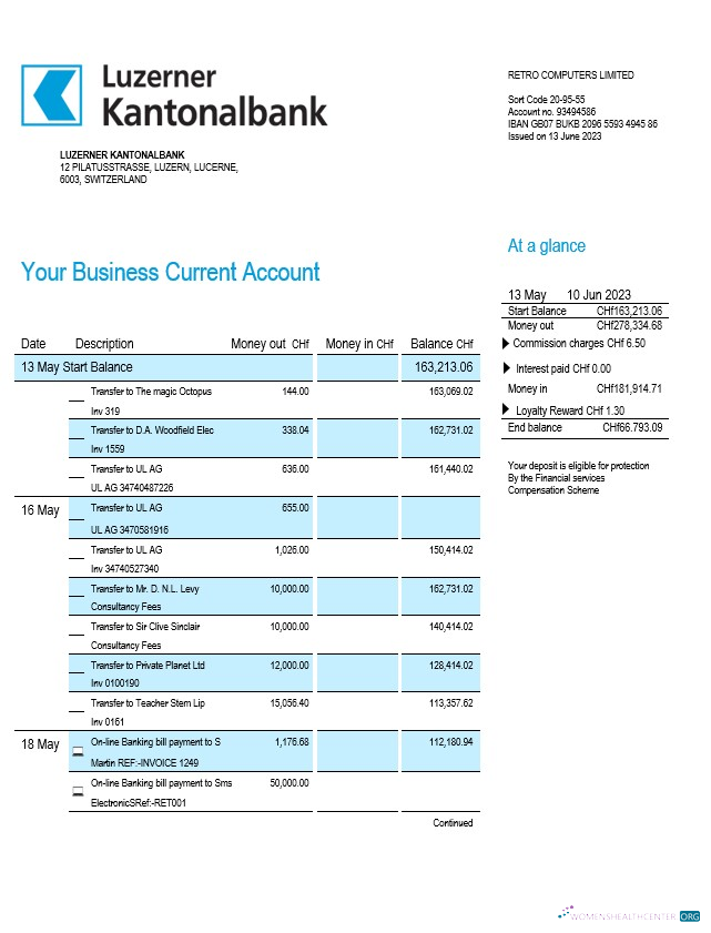 Luzerner Kantonalbank Bank organization checking account statement Word and PDF template